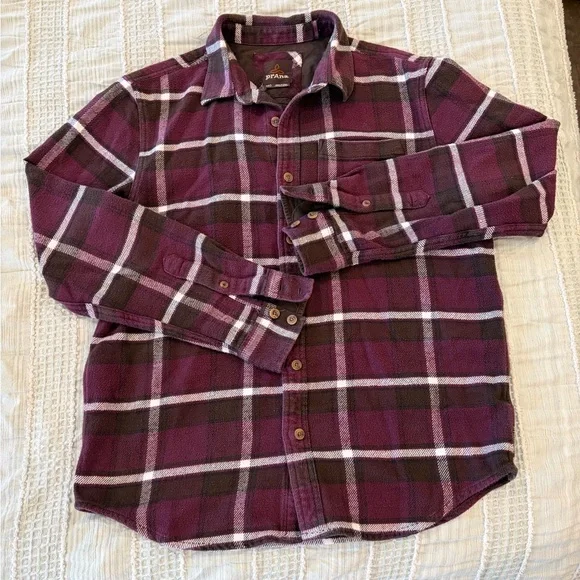 PrAna Channing Men’s Flannel Shirt Purple Brown Plaid Organic Cotton Medium - Picture 2 of 8